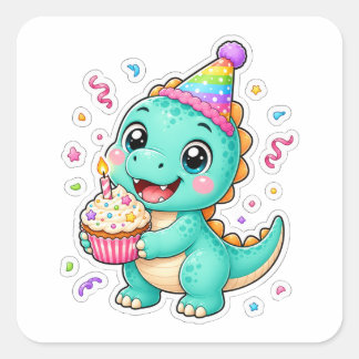 Adesivo Quadrado Arte de Dinossauro Festa de Aniversário Fofa