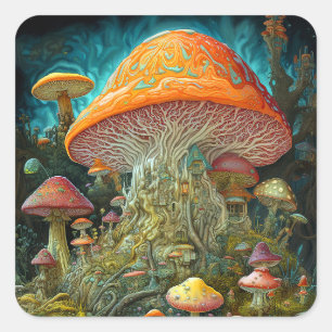 Adesivo Quadrado Arte de Fantasia Surreal na Paisagem de Mushroom