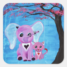 Adesivo Quadrado Arte de Flor de Cerejeira com Elefante Rosa e Gato
