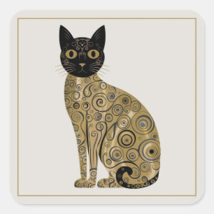 Adesivo Quadrado Arte de Gato Preto Decorativo Dourado no Estilo Gu