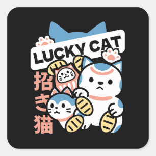Adesivo Quadrado Arte de Gato Sortudo – Maneki Neko com Moeda de Ou