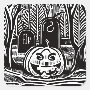 Adesivo Quadrado Arte de Halloween de Abóbora Preta e Branca Legal