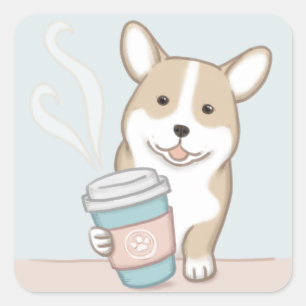 Adesivo Quadrado Arte de Ilustração de Cachorro e Café