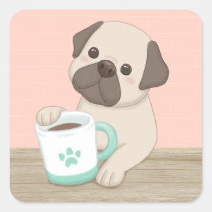 Adesivo Quadrado Arte de Ilustração de Cachorro e Caneca