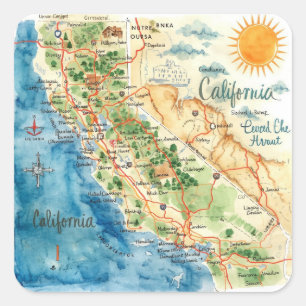 Adesivo Quadrado Arte de Mapa de Viagem da Califórnia em Aquarela V