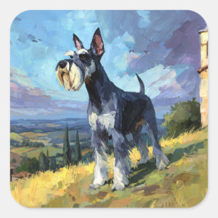 Adesivo Quadrado Arte de paisagem rural ensolarada de Schnauzer