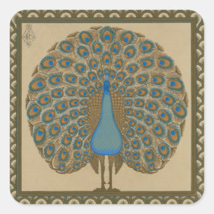 Adesivo Quadrado Arte de Pavão Azul Dourado Vintage de Walter Crane