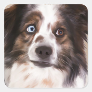 Adesivo Quadrado Arte de pintura a óleo do cão pastor australiano