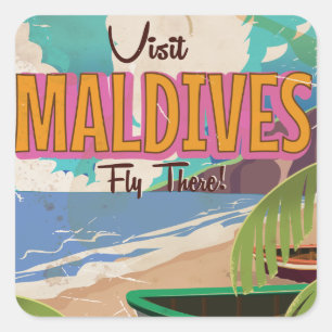 Adesivo Quadrado Arte de pôster de viagem vintage da ilha Maldivas.