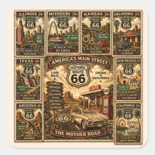 Adesivo Quadrado Arte de selo de viagem da Rota 66 Americana