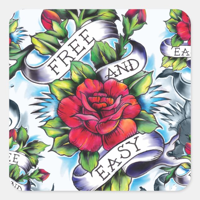 Adesivo Quadrado Arte de tatuagem de rosa de aquarela livre e fácil (Frente)