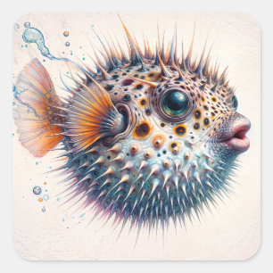 Adesivo Quadrado Arte de vida marinha de peixe-puffer fofa