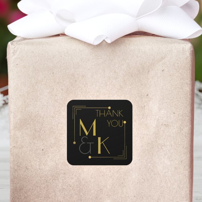 Adesivo Quadrado Arte Deco Casamento Negro Dourado Obrigado Sticker (A black and gold Gatsby wedding thank you sticker for all your wedding thank you sticker needs)