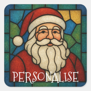 Adesivo Quadrado Arte Deco de Natal Vidro Colorido Santa Personaliz