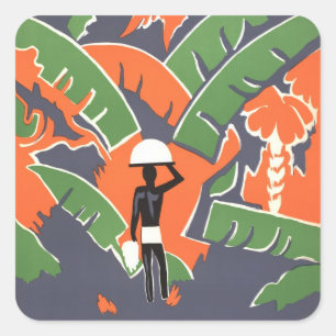 Adesivo Quadrado Arte Deco de Viagem Vintage, Indígena na Selva Afr