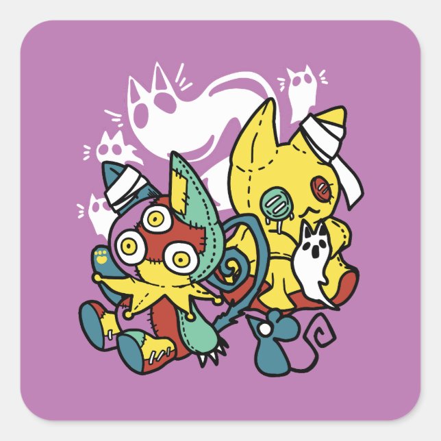 Adesivo Quadrado Arte do Dia das Bruxas de Gatos Cerrantes: Assusta (Frente)