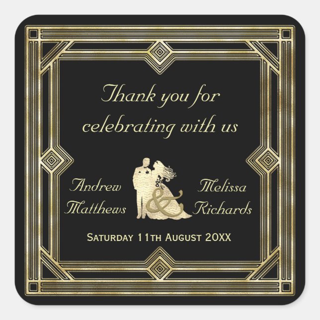 Adesivo Quadrado Arte Elegante Deco Dourado Casamento Preto Favorec (Frente)