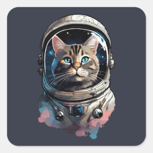 Adesivo Quadrado Arte em Aquarela de Gato Astronauta no Espaço