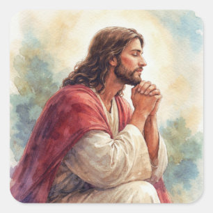 Adesivo Quadrado Arte em Aquarela de Jesus em Oração Fé Cristã