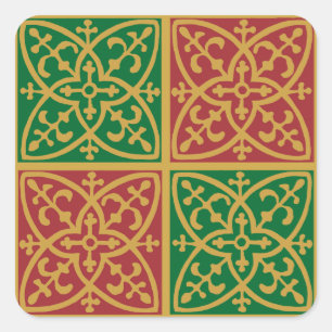 Adesivo Quadrado Arte em Azulejo Vermelho e Verde sobre Padrão Dour