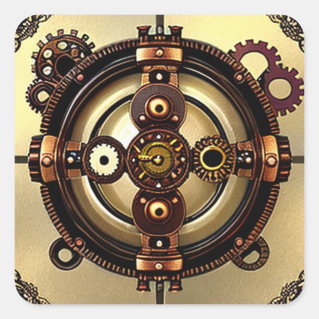 Adesivo Quadrado Arte em Metal de Engrenagens Steampunk em Cobre e  (Frente)