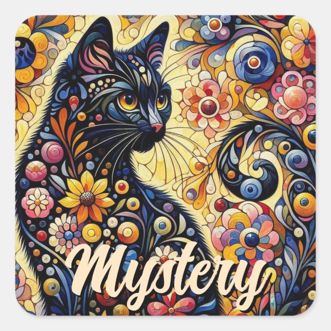 Adesivo Quadrado Arte Floral Abstrato de Gato Negro (Frente)