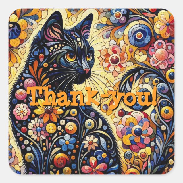 Adesivo Quadrado Arte Floral Abstrato de Gato Negro (Frente)
