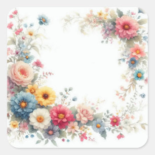Adesivo Quadrado Arte Floral Aquarela Adicione Seu Texto Modelo em