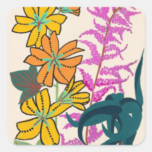 Adesivo Quadrado Arte Floral Art Déco Vibrante Magenta e Laranja