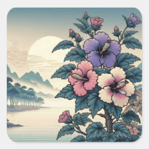 Arte Floral Japonês Vintage Hibisco Quadrado