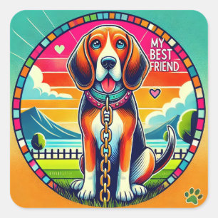 Adesivo Quadrado Arte Fofa de Cachorro Animado, Diversão Cartoon de
