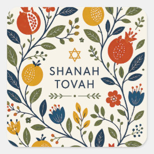 Adesivo Quadrado Arte Folclórica Moderna Shana Tovah Botânica 