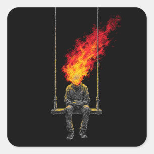 Adesivo Quadrado Arte Gráfico de Rua Surrealista Cabeça Flamejante
