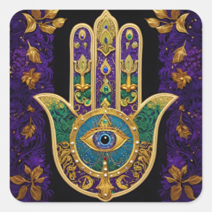 Adesivo Quadrado Arte Hamsas Dourado Roxo Verde do Mardi Gras