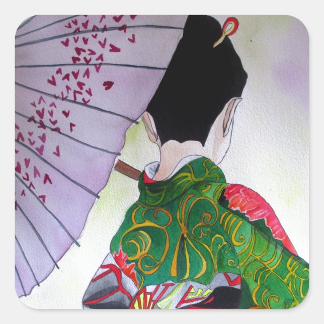 Adesivo Quadrado Arte japonesa Geisha com kimono e guarda-chuva (Frente)