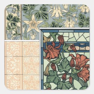 Adesivo Quadrado Arte Nouveau do vintage, flores aquilégias de