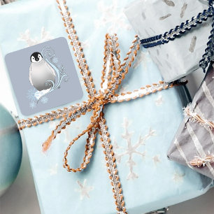 Adesivo Quadrado Arte Nova de Pinguim de Inverno Caprichoso Flocos 