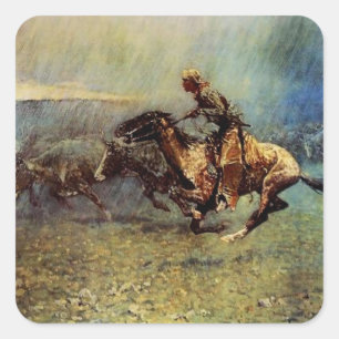 Adesivo Quadrado Arte Ocidental de Frederick Remington “O Estouro d
