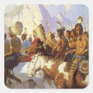 Adesivo Quadrado Arte Ocidental Vintage, Indian War Party por NC Wy