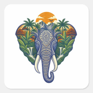 Adesivo Quadrado Arte Ornada da Selva de Elefantes – Sol da Vida Se