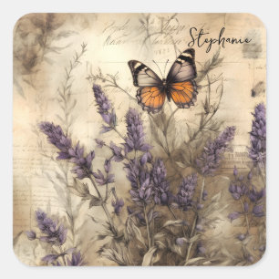 Adesivo Quadrado Arte Personalizada de Borboleta Lavanda Vintage