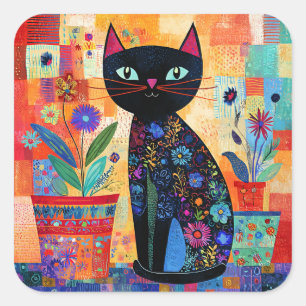 Adesivo Quadrado Arte Popular de Gato Preto