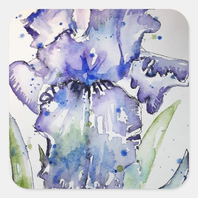 Adesivo Quadrado Arte Roxa Iris Aquarela Convite Aniversário (Frente)