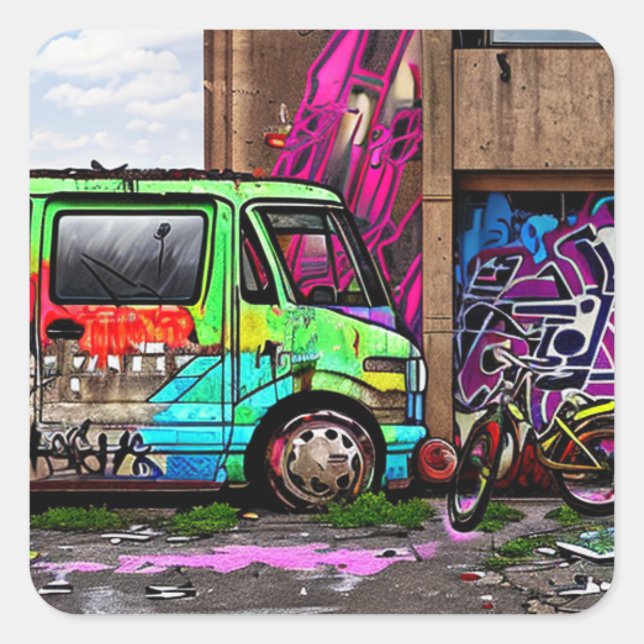 Adesivo Quadrado Arte Urbana Abandonada de Van e Grafite de Bike (Frente)