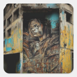 Adesivo Quadrado Arte Urbana sobre Edifício Abandonado