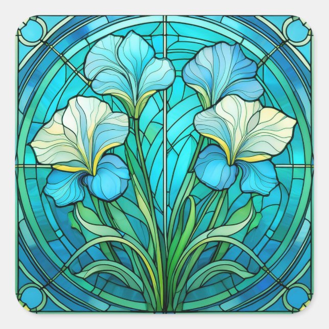 Adesivo Quadrado Arte Vidro Pintado Art Nouveau Azul Turquesa Flora (Frente)