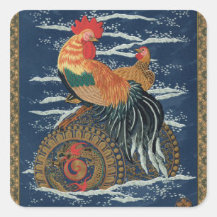 Adesivo Quadrado Arte Vintage de Galo Galinha Dragão Japonês