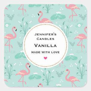Adesivo Quadrado Artesanato da Vela do Padrão Flamingos Rosa Pastel