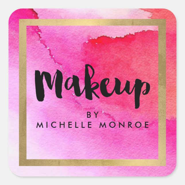 Adesivo Quadrado Artista de Maquiagem de Cores de Água Rosa Negrito (Frente)
