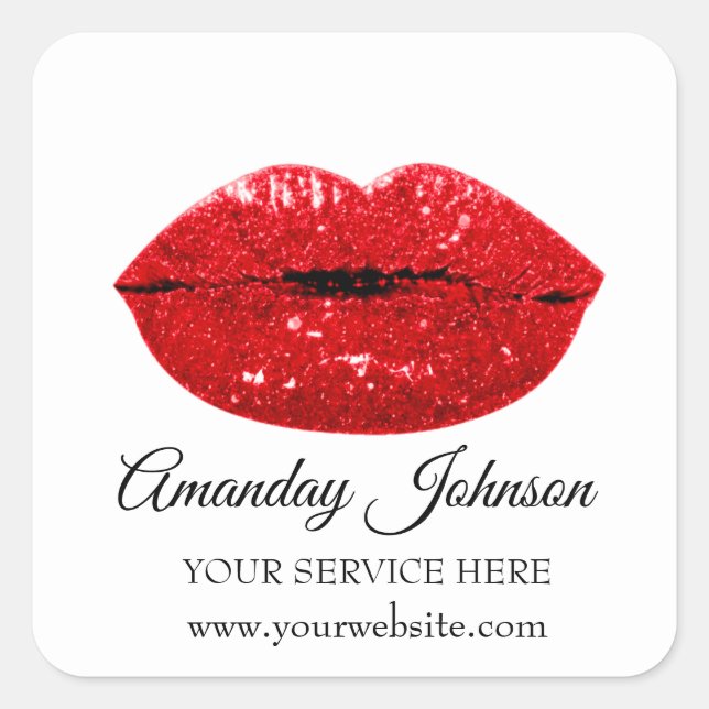 Adesivo Quadrado Artista Makeup Red Kiss Nome Lábios Branco Obrigad (Frente)